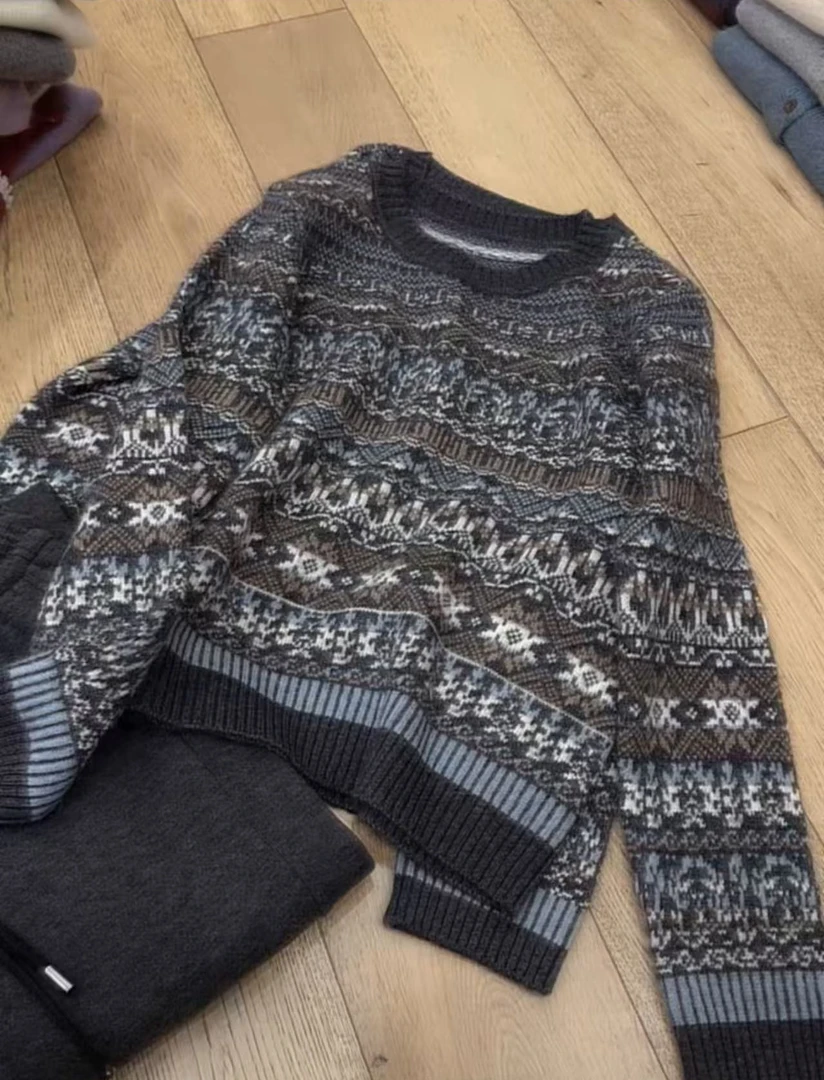 七言家 森系费尔岛！深灰提花圆领毛衣1