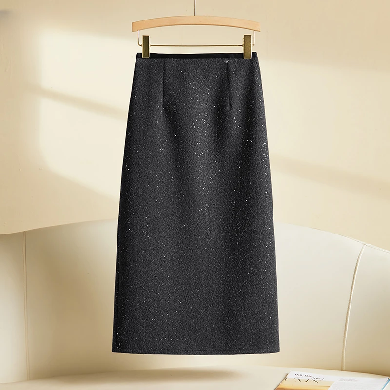羊毛呢星光半身裙女2025新款冬款亮片开叉a字直筒包臀裙中长款