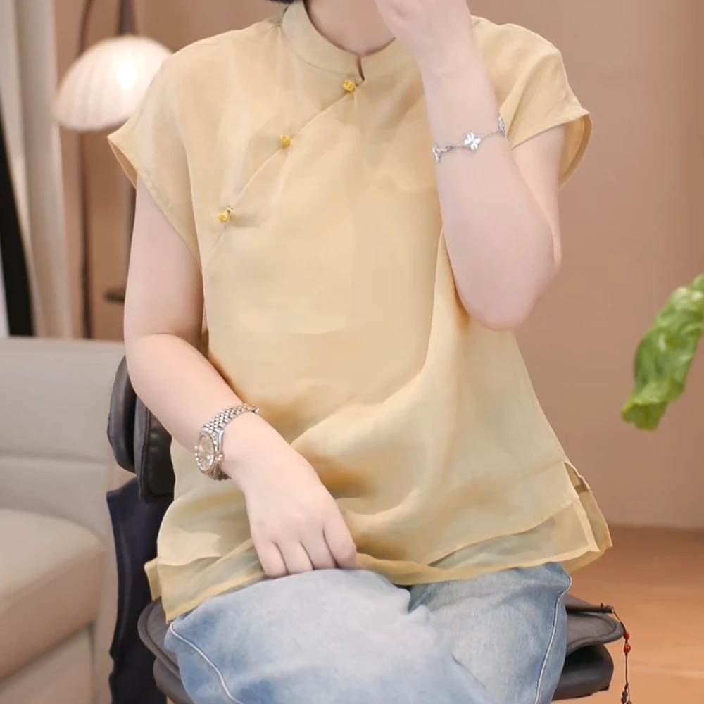 2025夏季新款纯色拼接短袖衬衫女宽松气质文艺新中式国风上衣