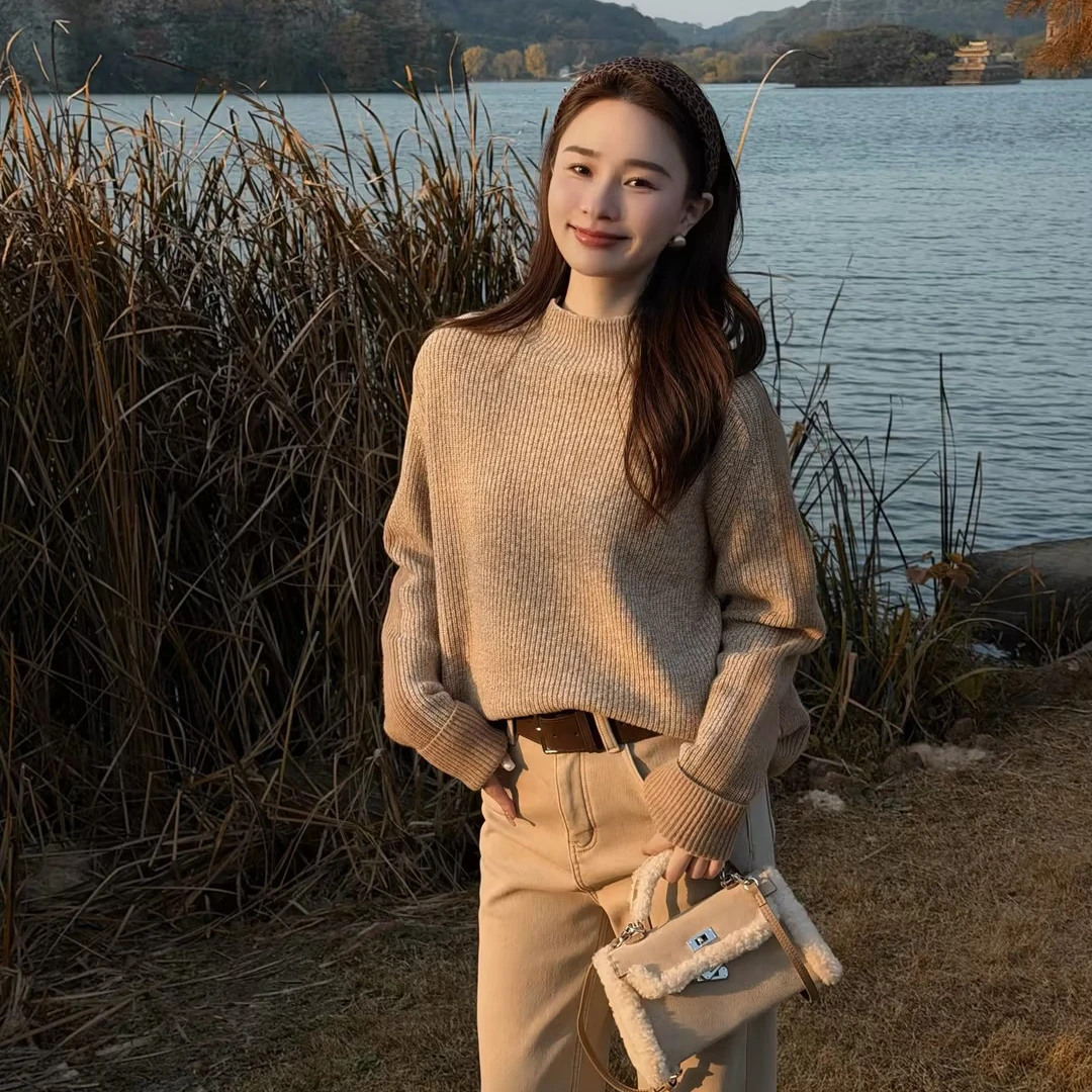 HELA AOMI “榛果拿铁”绵羊毛100%柔软双色套头针织衫CY5DC33464