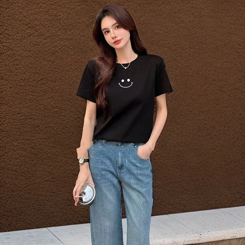 2505春季新款简约刺绣笑脸时尚短袖T恤女