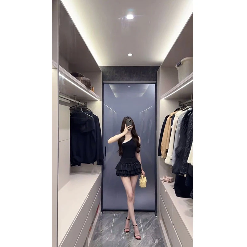 2025夏季新款小香风高级撞色拼接斜肩吊带背心甜酷辣妹蓬蓬蛋糕裙