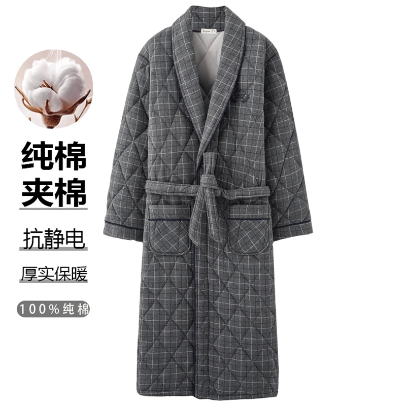 睡袍男冬季100%纯棉夹棉三层加厚男款大码保暖浴袍秋冬款男士睡衣