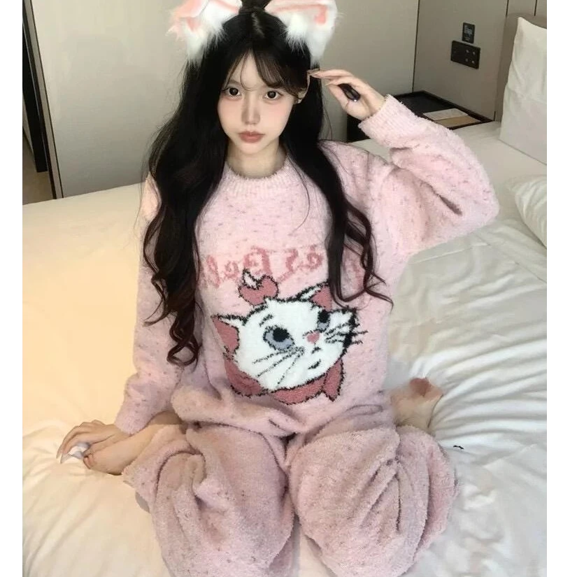 秋冬新款睡衣女ins可爱卡通家居服珊瑚绒保暖可外穿半边加绒套装