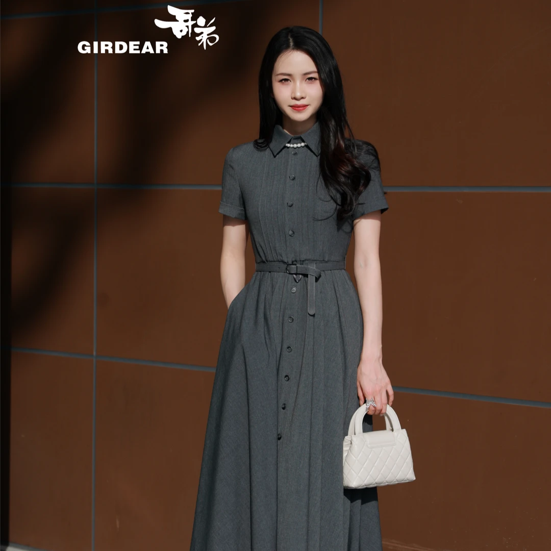 GIRDEAR/哥弟新款品质女装时尚百搭优雅复古连衣裙附腰带1500449