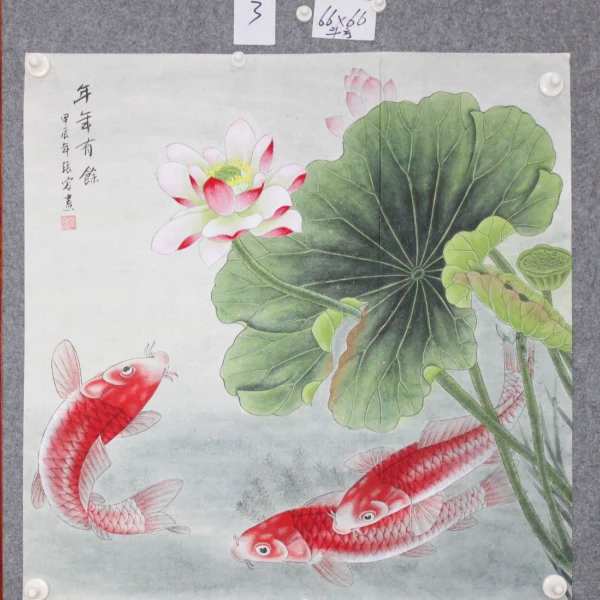 纯手绘工笔年年有余  66X66 尺寸 斗方- 新年客厅国画
