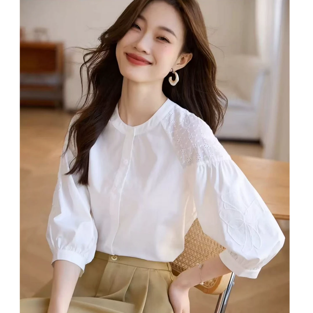 白色衬衫女2025年春夏新款独特别致法式七分袖衬衣上衣