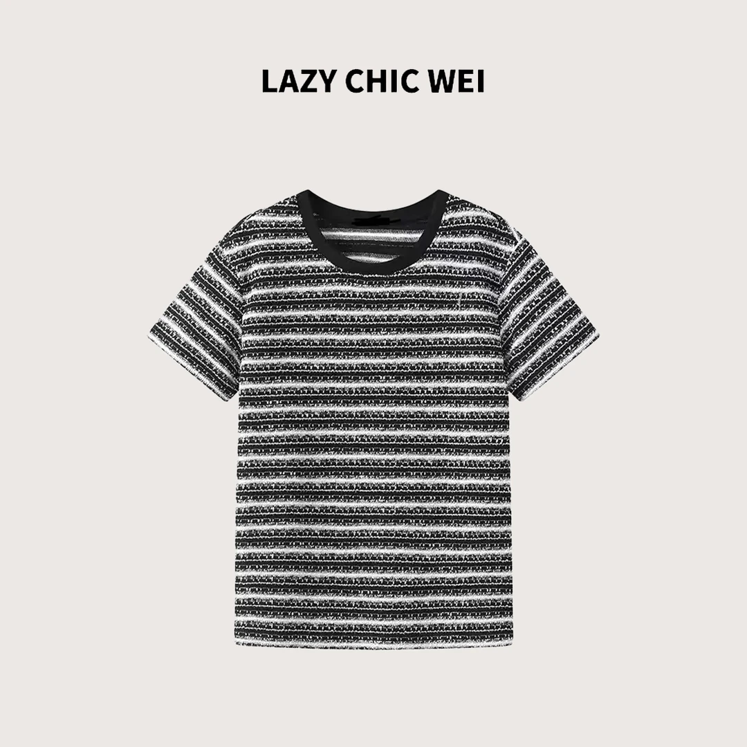 LAZY CHIC WEI棉混纺“气质千金”小香风黑白条纹T恤2538SSW5372