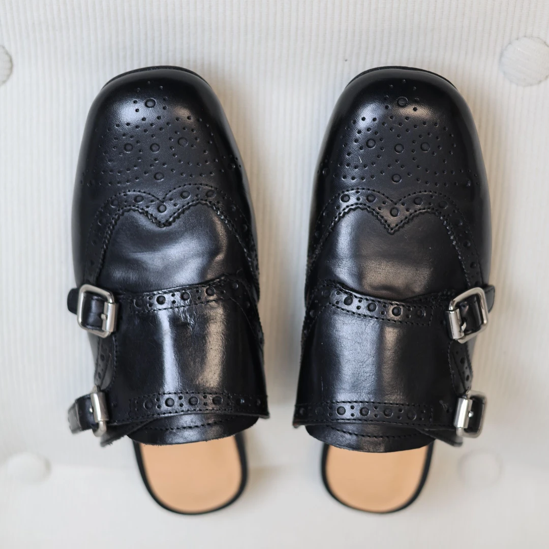 【断码清仓】水洗牛皮半拖真皮大底复古英伦镂空雕花牛津穆勒拖鞋