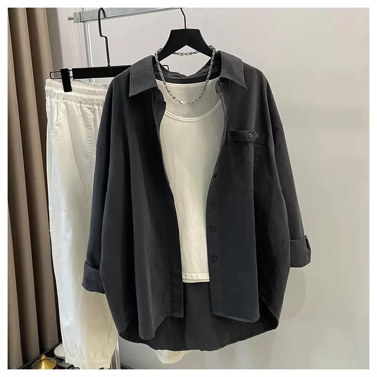 高级感灰色工装衬衫女宽松2025新款简约大气休闲叠穿纯棉衬衣外套