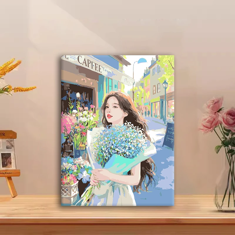 (满天星女孩）diy数字油画红线条手工涂色解压治愈送礼丙烯装饰画