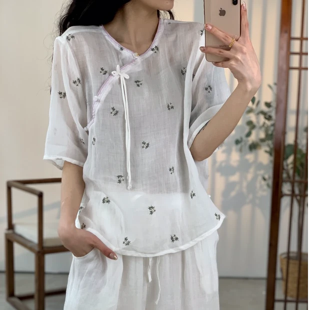 A01-A100复古苎麻印花上衣 下播勿拍 每日更新小衫大码宽松麻衣
