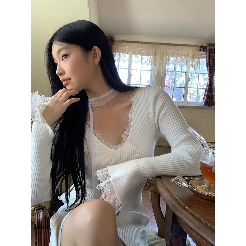 【HRG清仓】秋季ins风修身显瘦百搭拼接蕾丝针织连衣裙SJ8008#