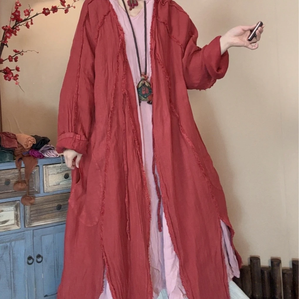 【语禾】3150SX设计师款砂洗亚麻不规则毛边长款外套（长125胸围140）