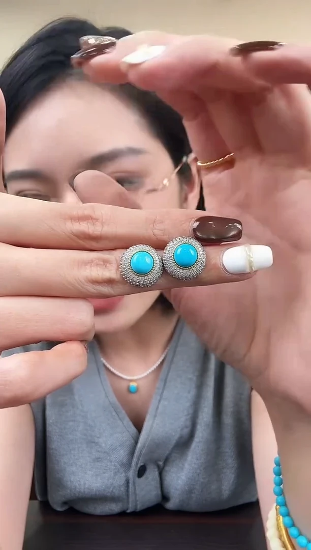 银S925镶嵌绿松石耳钉卡7mm