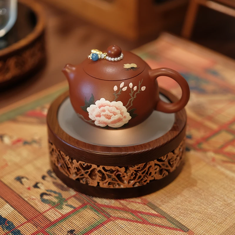 小西施朱泥紫砂壶茶壶泥绘花卉碟恋花