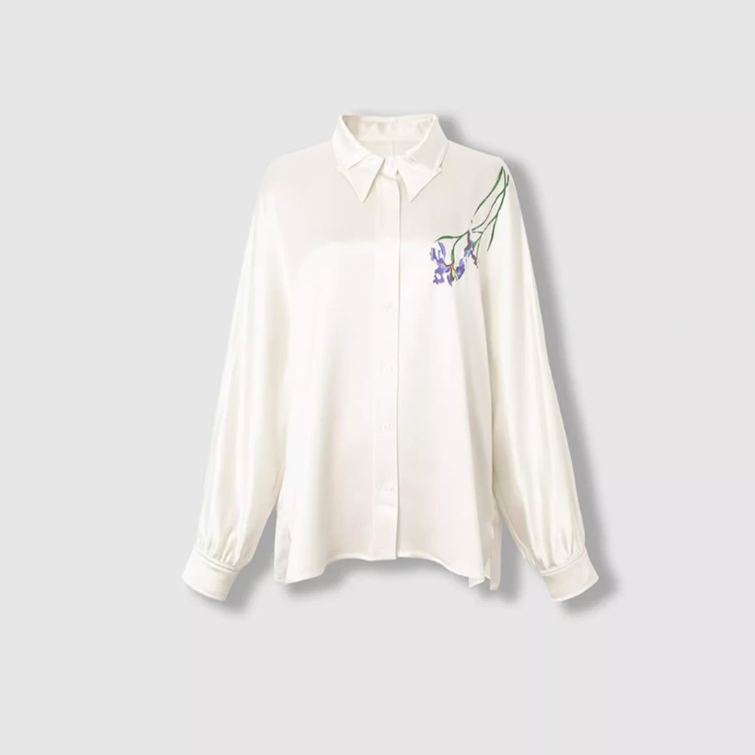 加大码女装胖MM2025春夏重磅醋酸手绘紫藤设计感气质衬衫 两色