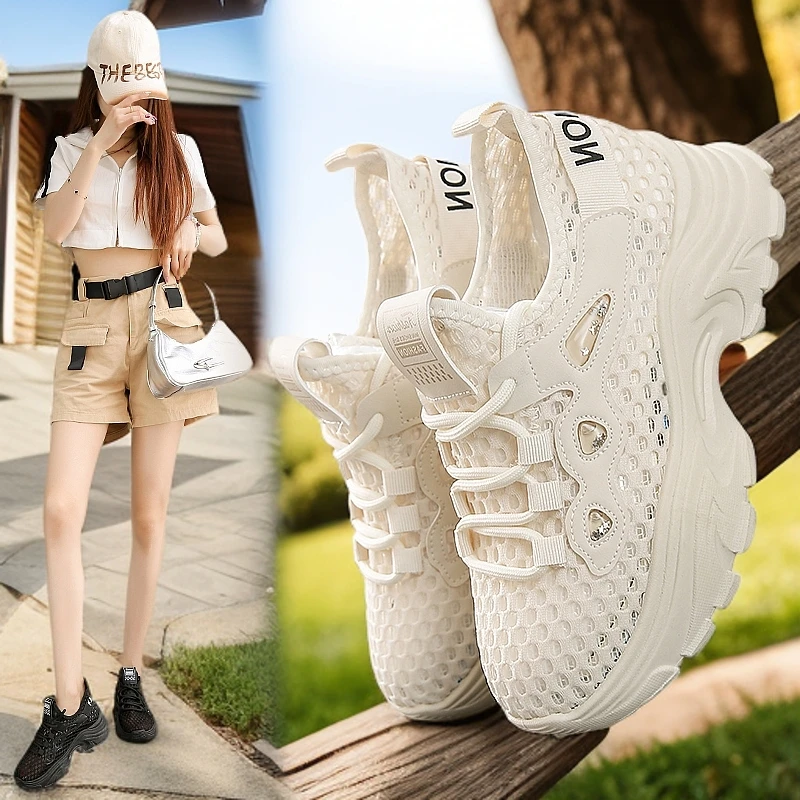 透气厚底镂空防滑夏季时尚休闲鞋女鞋老爹鞋黑色ins运动鞋小码34