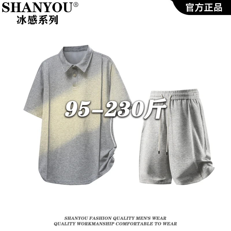 美式解构廓形polo领短袖T恤短裤男夏季百搭重磅半袖潮牌宽松套装