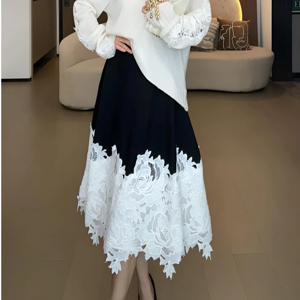 甄明明【漫步巴黎】百搭复古A字高腰秋季显瘦蕾丝半身裙气质拼接