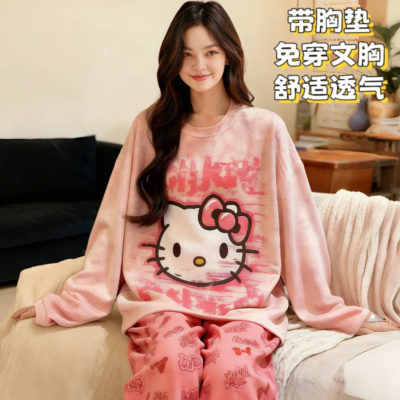 秋冬季新款带胸垫睡衣女士透气舒适大码春秋长袖长裤家居服套装