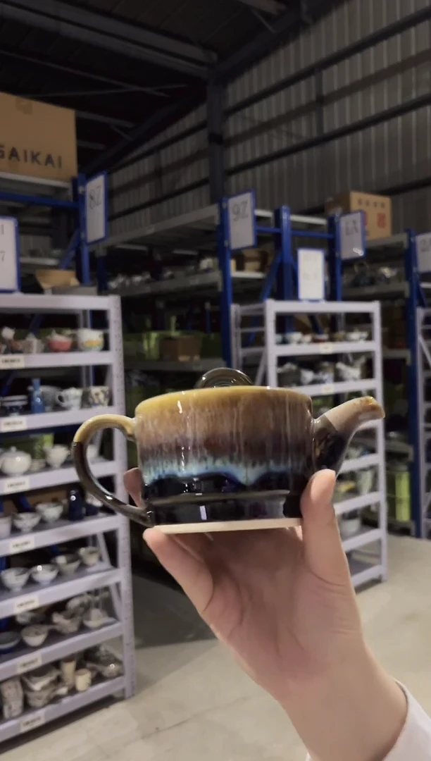 陶アメ釉白流し　切立ポット