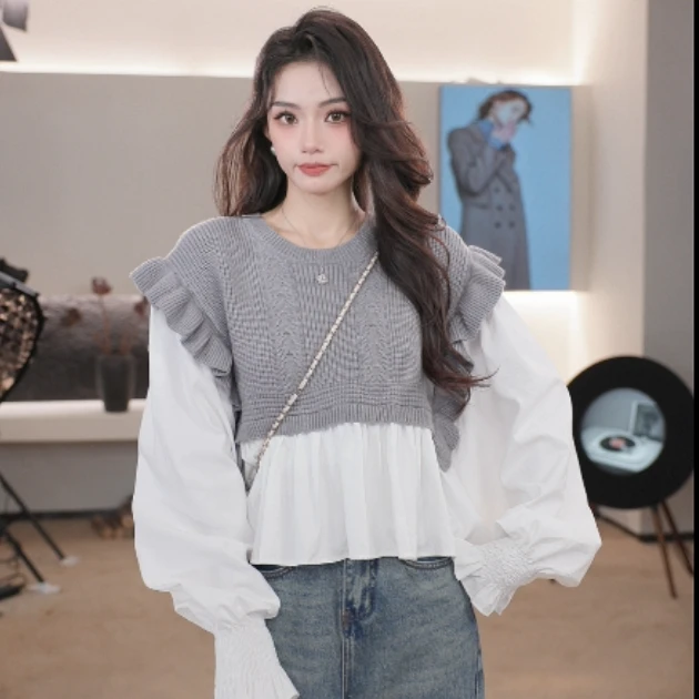 Basic House/百家好JH25年夏新慵懒风叠层拼接宽松套头针织衫S782