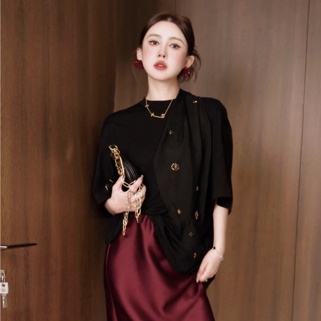 G. yantong/郭彦彤设计感100%醋酸飘带加上衣短袖女气瘦DD1203