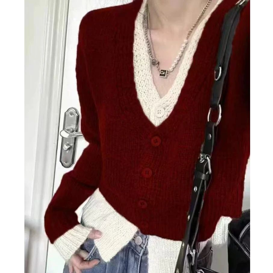 韩系假两件v领针织衫