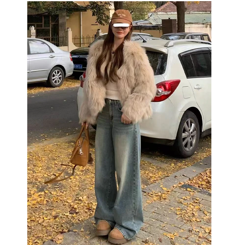 女高腰春季春秋牛仔裤宽松复古时尚韩版设计感裤子显瘦阔腿牛仔裤