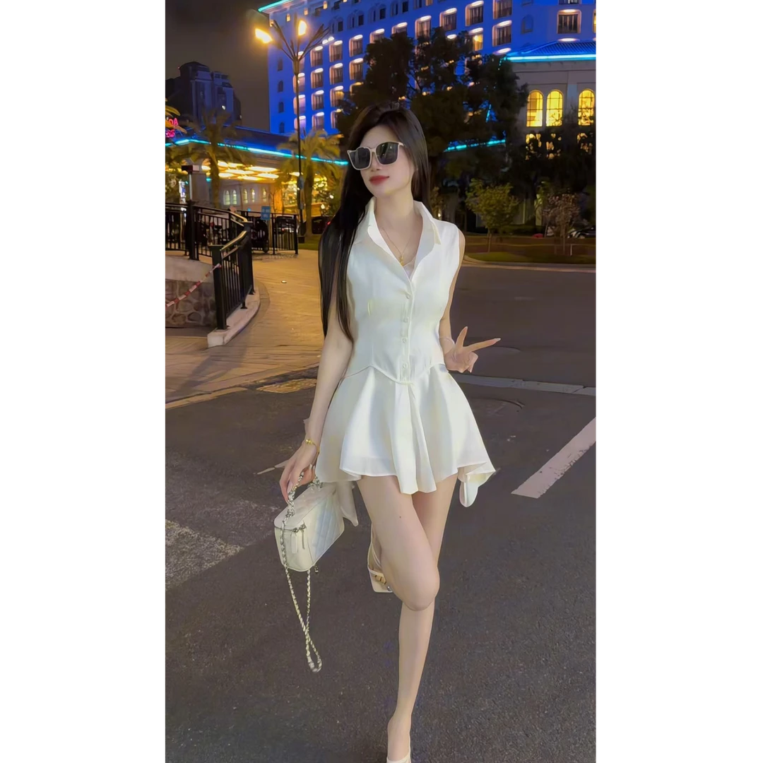 白色纯欲polo领无袖衬衫上衣女夏季法式气质收腰显瘦修身裙子套装