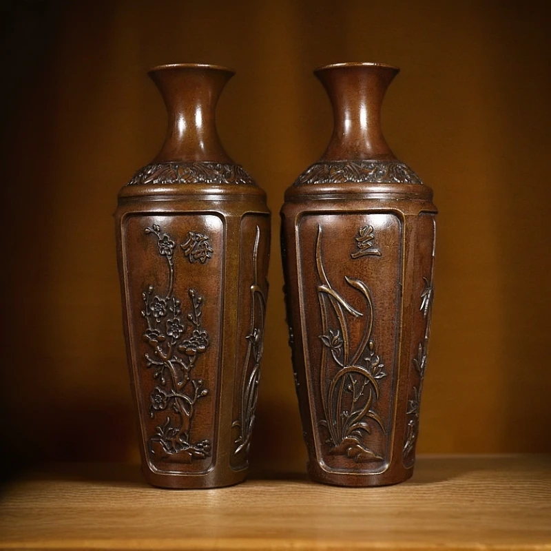 纯铜大号梅兰竹菊花瓶 口径4.4cm腹径8cm高20.5cm对重约：1350克