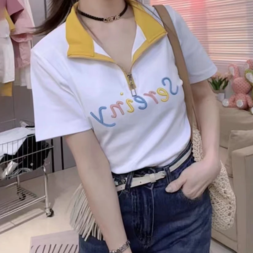 【艾萱萱】92511款撞色半拉链立领短袖t恤女 约50
