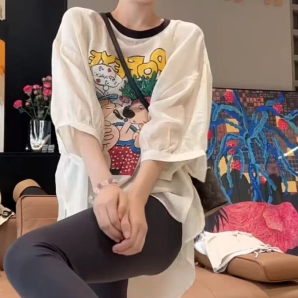 设计感洋气时尚舒适宽松短袖女2025夏季新款卡通百搭休闲通勤上衣