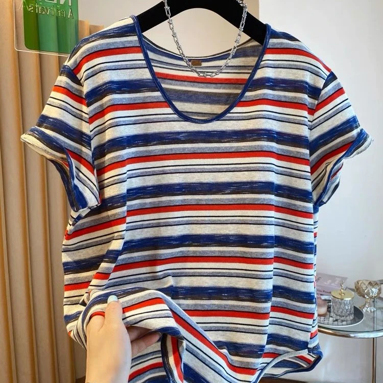 300斤大码美式慵懒风拼色条纹短袖t恤男女不规则下摆V领打底上衣