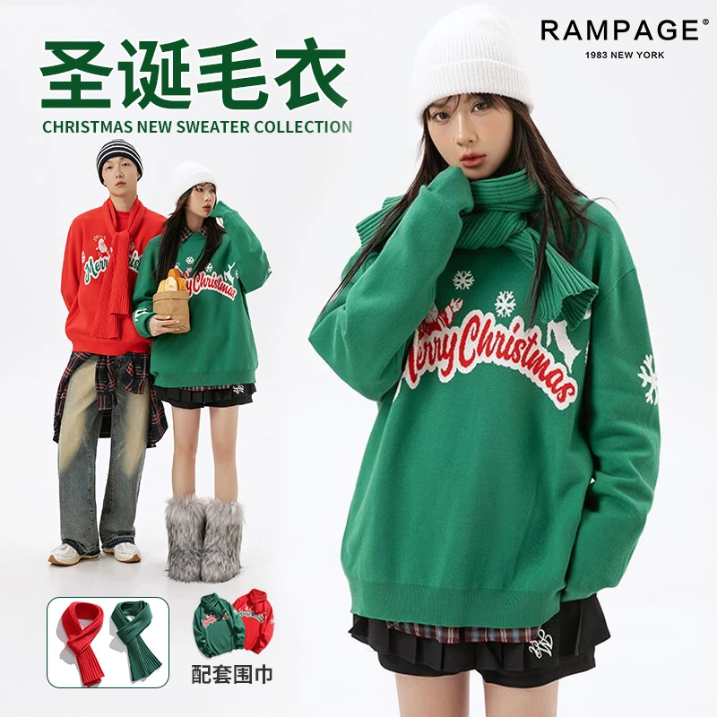 RAMPAGE秋季简约圆领字母图案圣诞主题毛衣保暖舒适宽松百搭男女