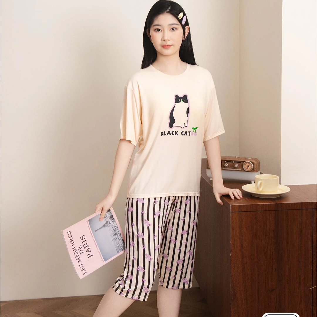 洛洛青少年春夏圆领短袖中裤家居服 竖条黑猫 LM2H7111