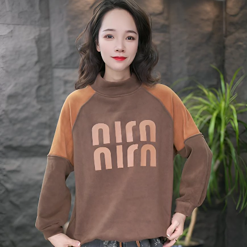 JJ【加绒】字母冬季长袖宽松女休闲百搭卫衣百搭圆领撞色韩版