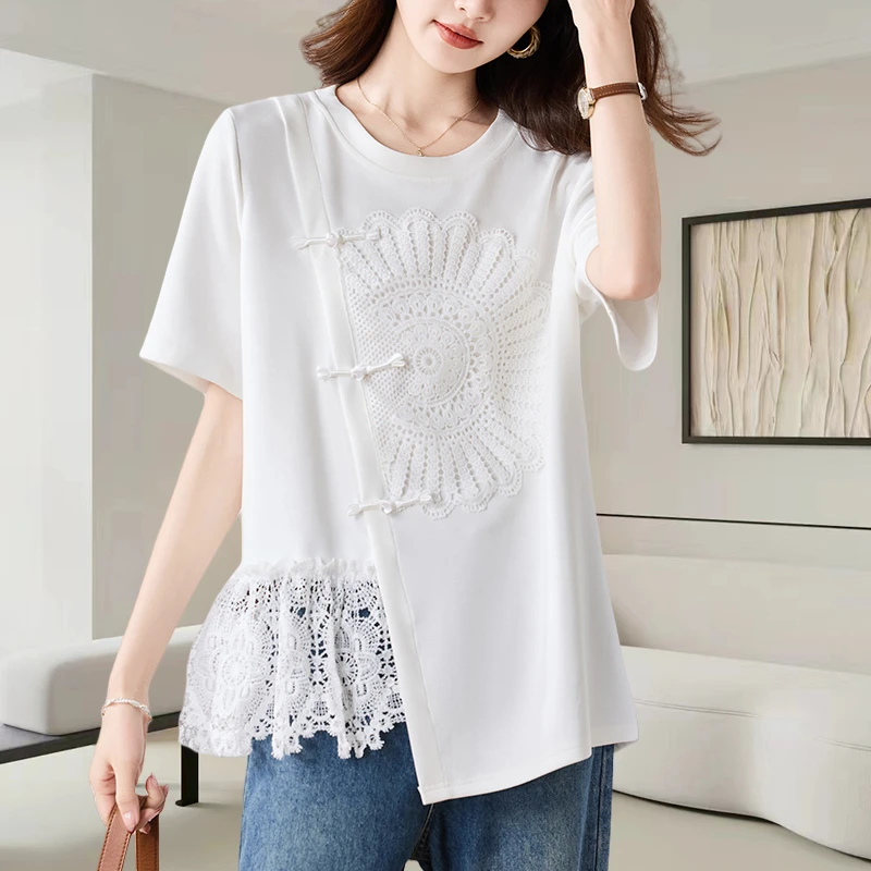 新中式蕾丝拼接短袖t恤女2025夏季新款洋气减龄宽松气质小衫上衣