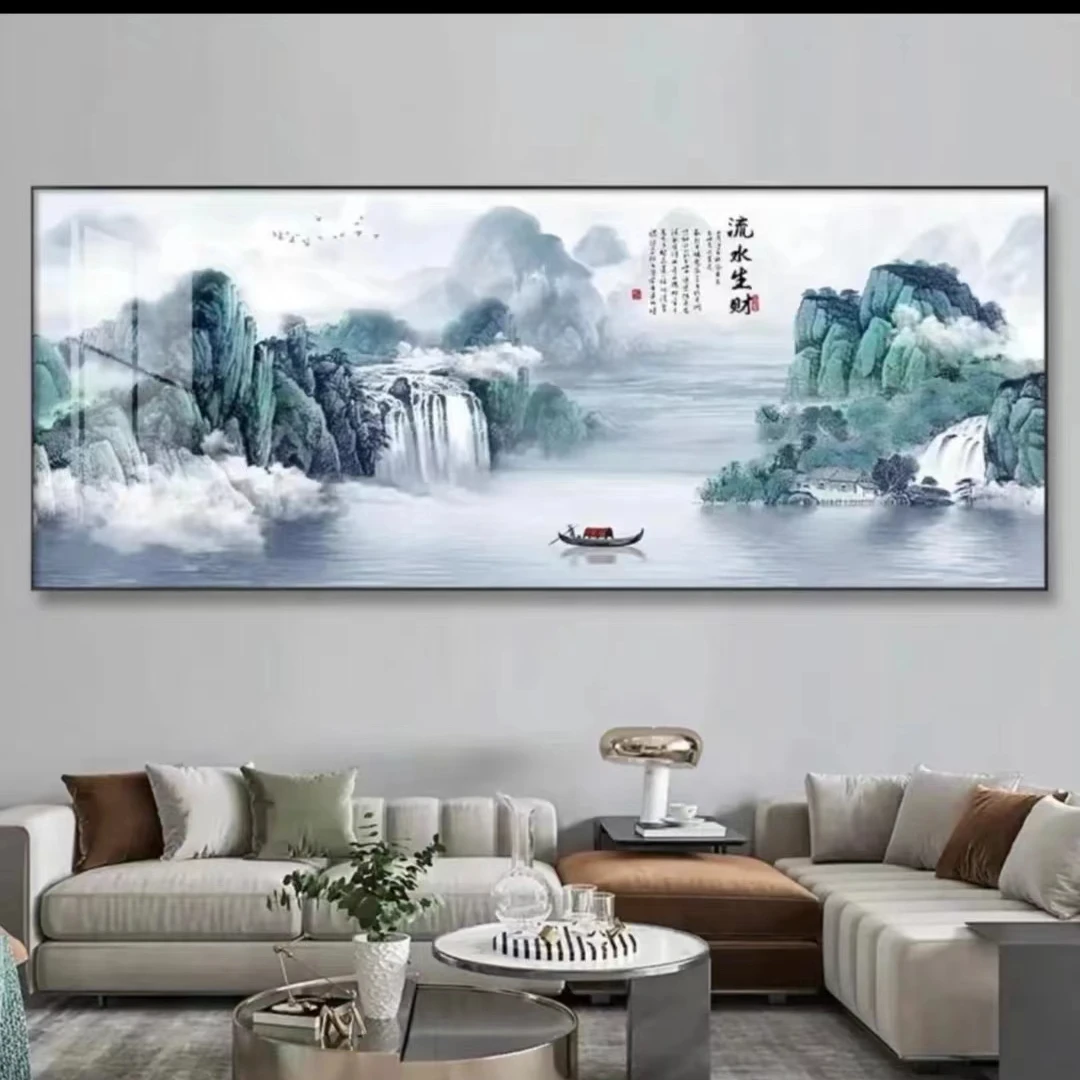 镶钻【流水生财2】2022横幅 客厅装饰画新中式沙发山水挂画