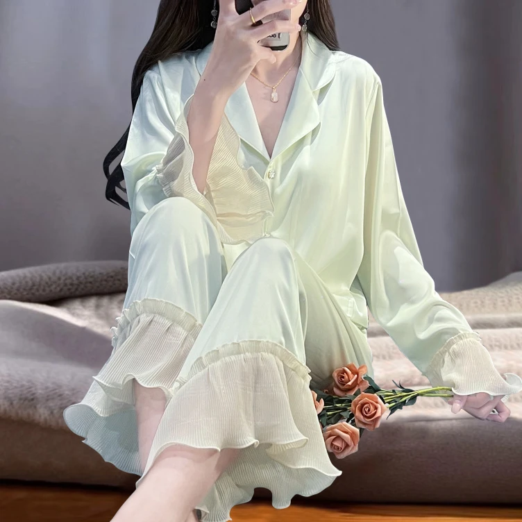 睡衣女套装春秋水光绸法式甜美长袖木耳边家居服冰丝薄款新款夏季