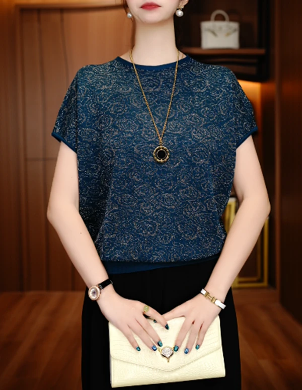 国颐 新款春夏针织衫短袖女高端显瘦显白百搭时尚上衣V24H0647