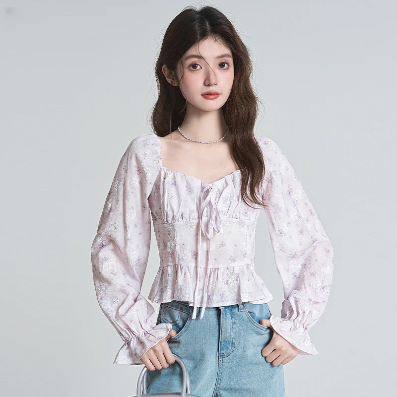 简温2025春季新款法式时尚碎花荷叶边衬衣方领长袖衬衫女甜美上衣