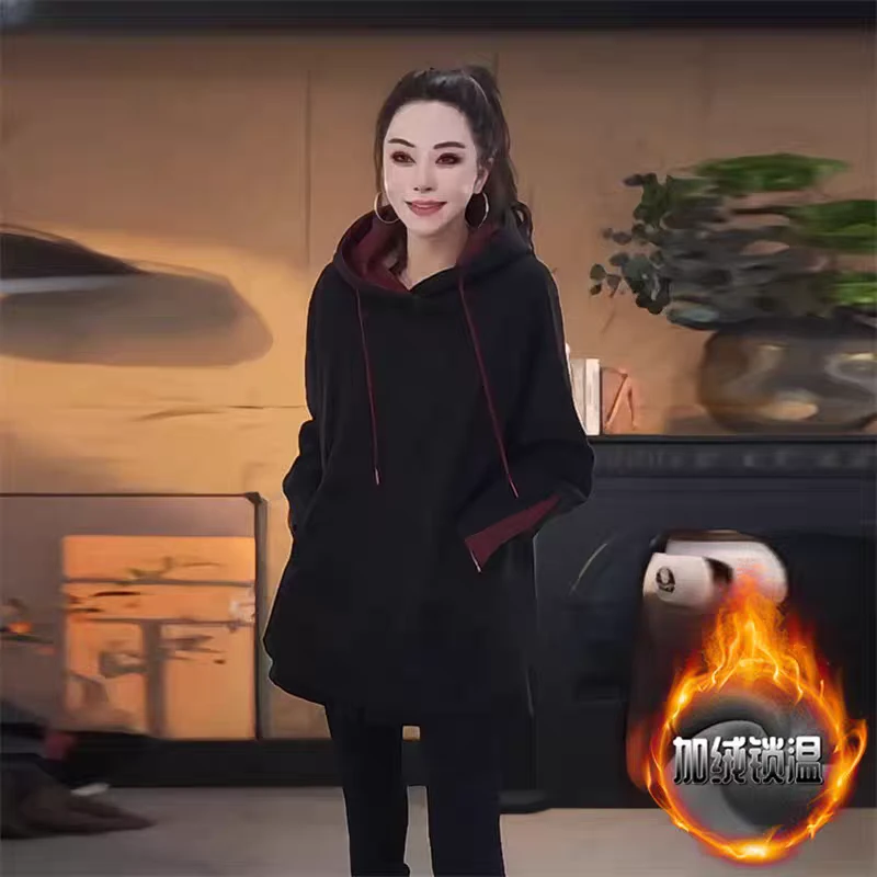 加绒加厚连帽卫衣秋冬新款2025年大码慵懒风显瘦中长款卫衣S16006