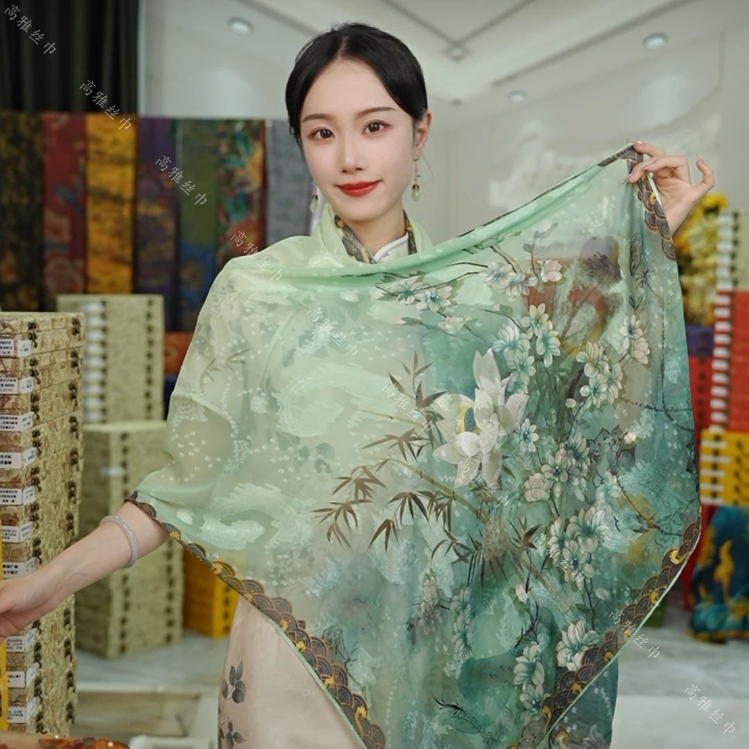 【竹林荷花】新中式剪花轻奢高定国风丝巾 65×180左右（xys-196）