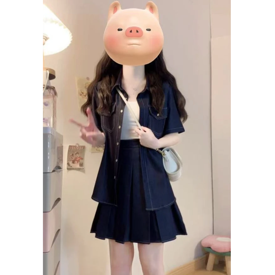 大码女装时尚衬衫百褶裙两件套胖mm夏季新款遮肚显瘦牛仔套装1585