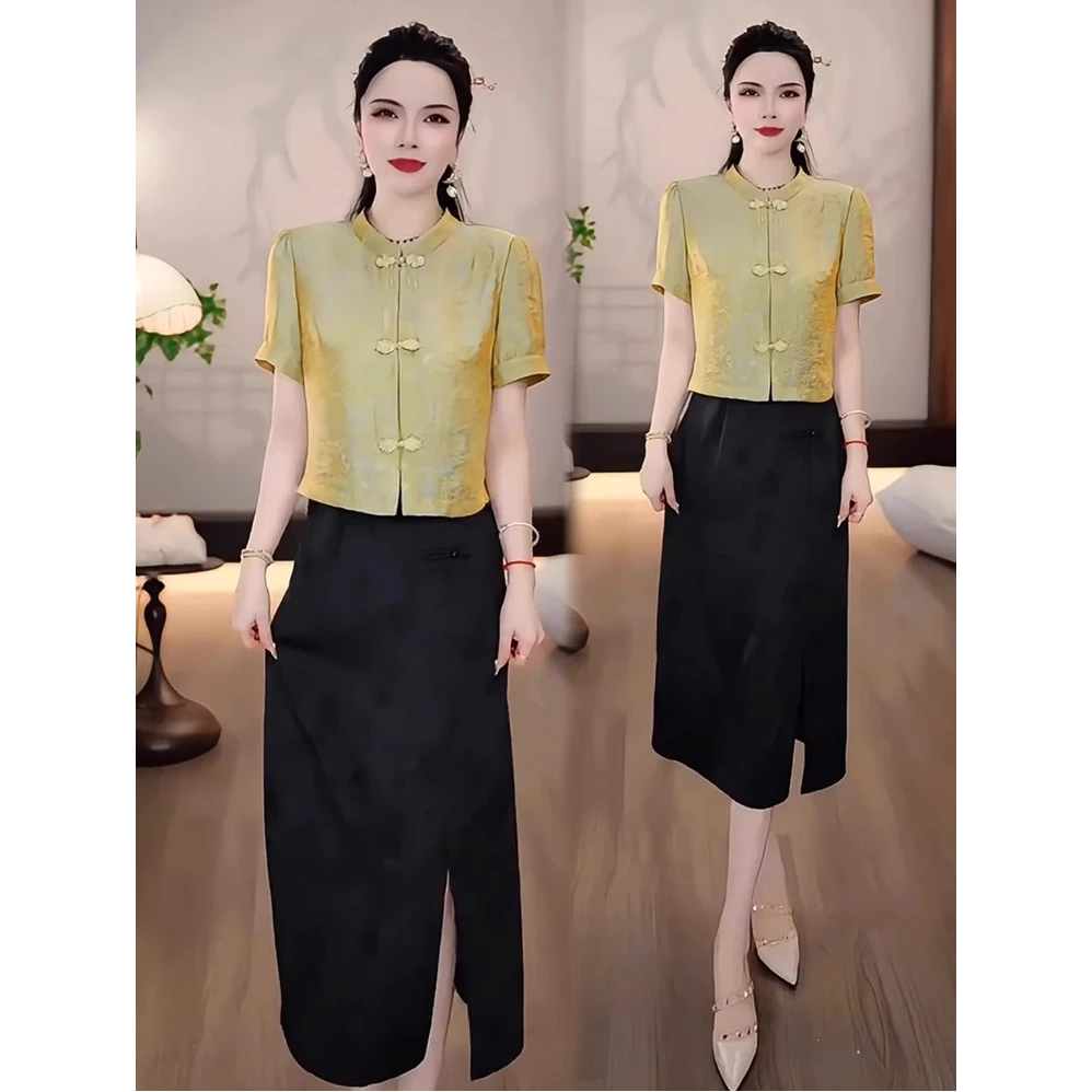 国风修身连衣裙女2025夏季新款洋气减龄显瘦上衣开叉半身裙两件套