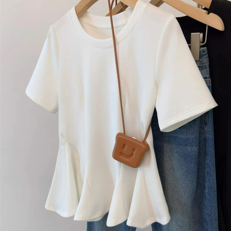 大码女装夏季白色设计感小众正肩短袖T恤胖mm遮肚子法式裙摆上衣