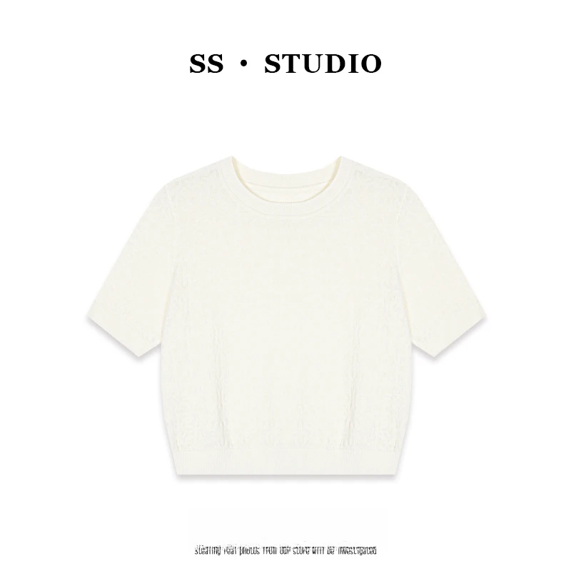 气质镂空提花设计圆领针织衫夏季休闲百搭短袖上衣