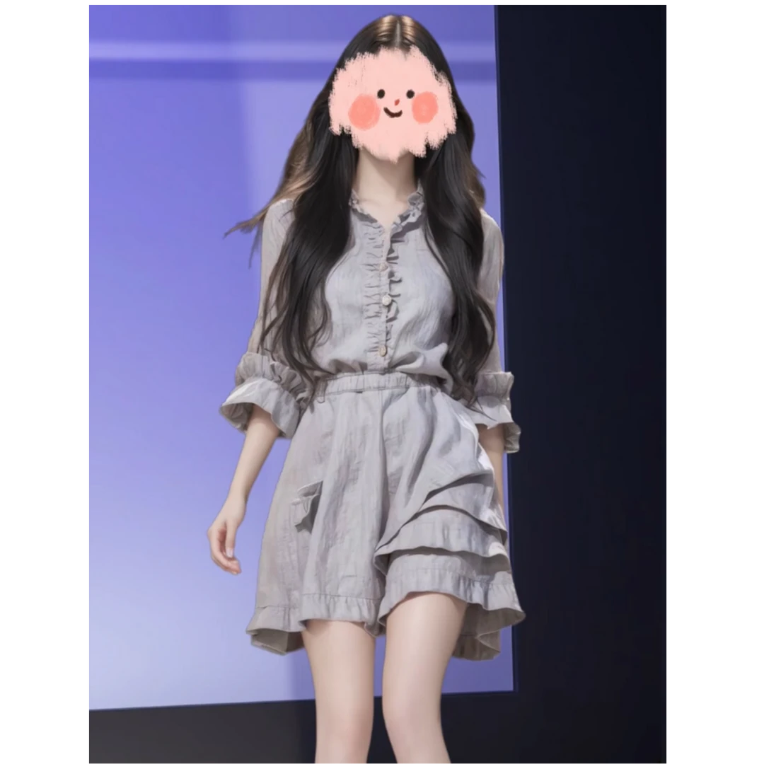 高端精致小个子显高设计感小众灰色衬衫阔腿裤女2025夏季新款套装